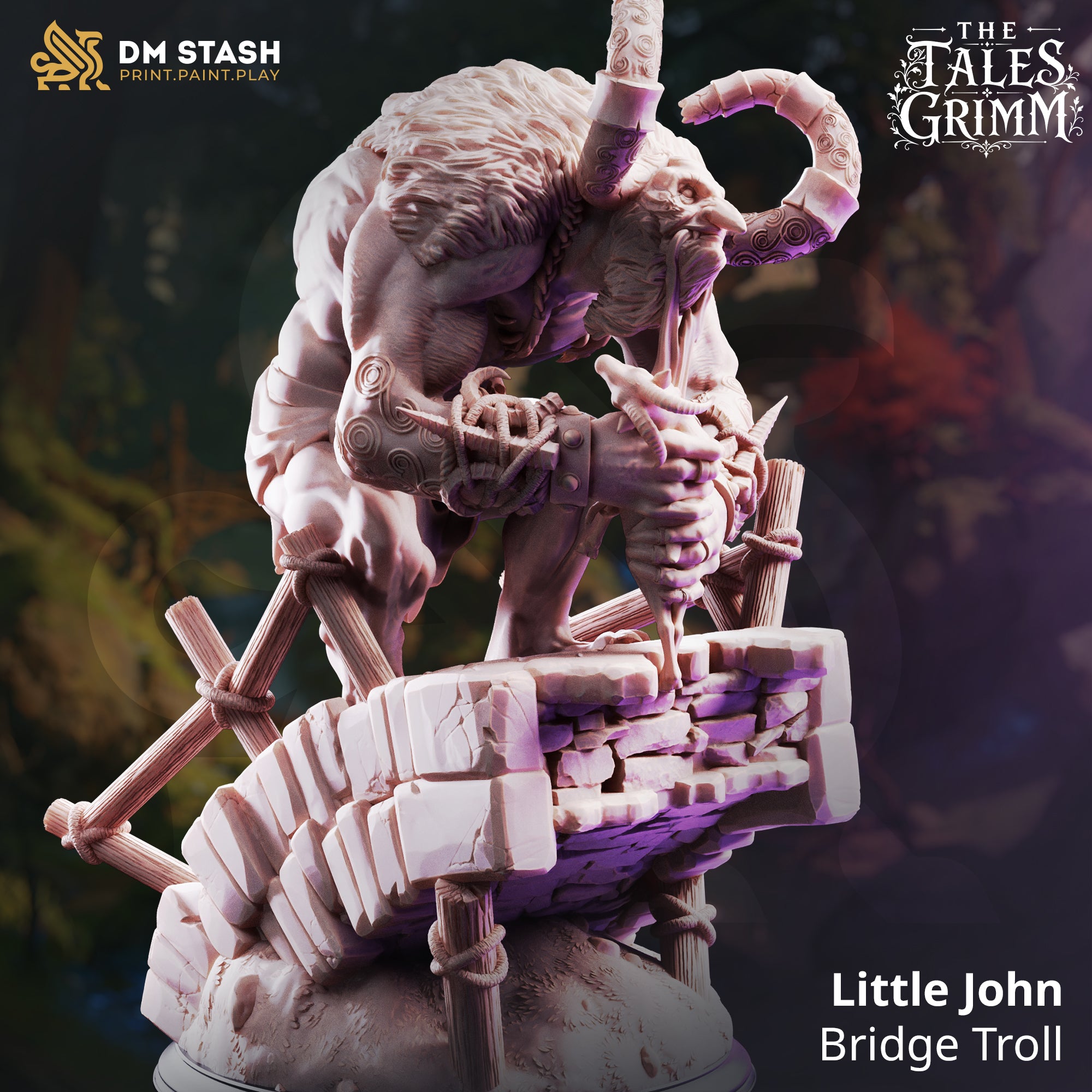 Broad-backed troll hunched low over a crumbling stone bridge base, tattered cloth around its waist, scattered timber posts and rope details visible from behind. DM Stash sculpt.