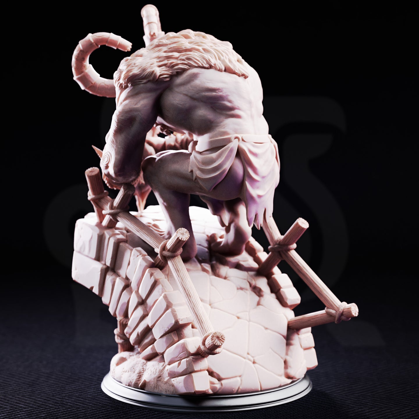 Horned bridge troll crouching aggressively, gripping a fractured timber railing, with curved rune-carved horns and matted fur, on a crumbling stone bridge base. DM Stash sculpt.