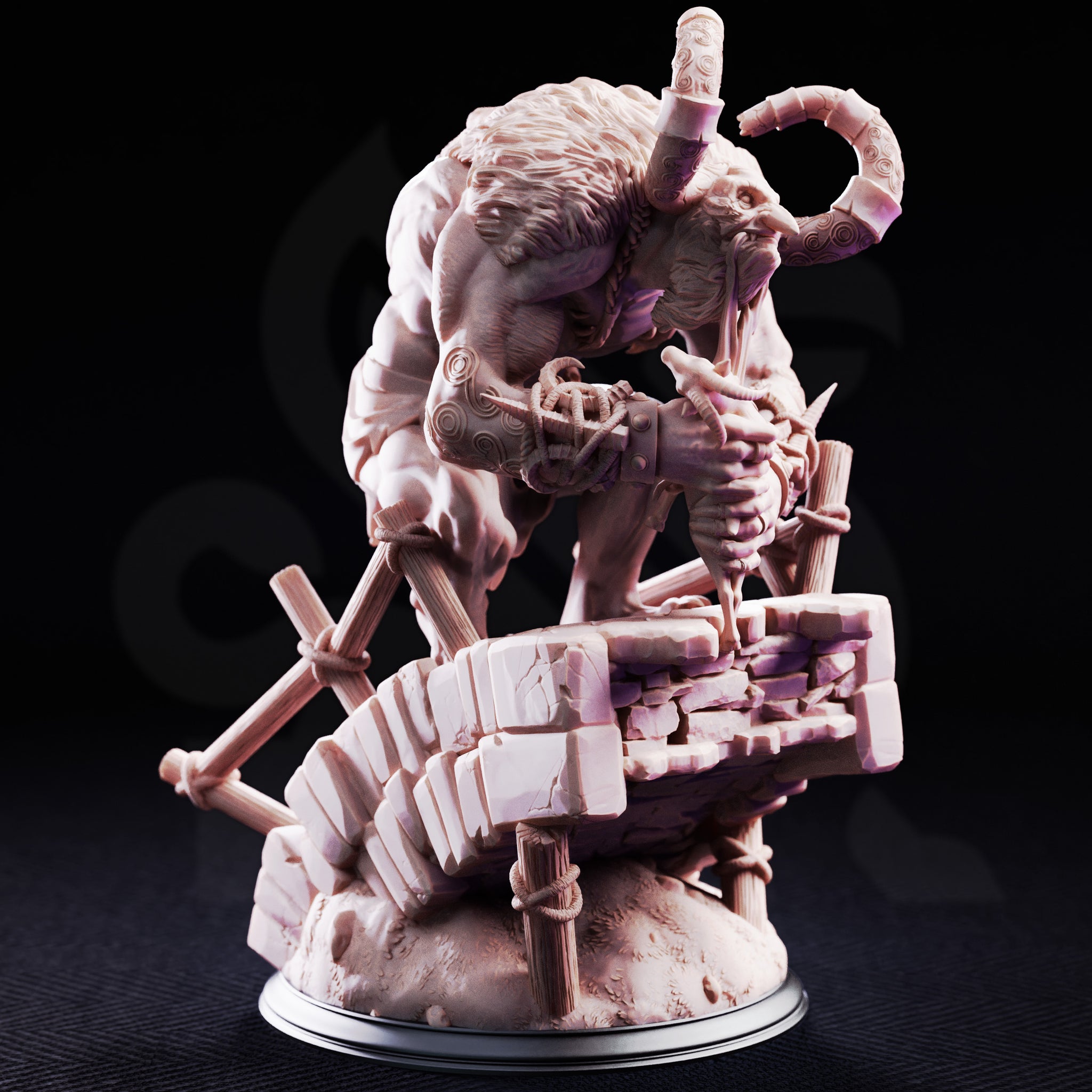 Bridge troll miniature leaning forward with both hands clutching a broken wooden post, thick-muscled torso and braided beard visible, atop a ruined stone and timber scenic base. DM Stash.