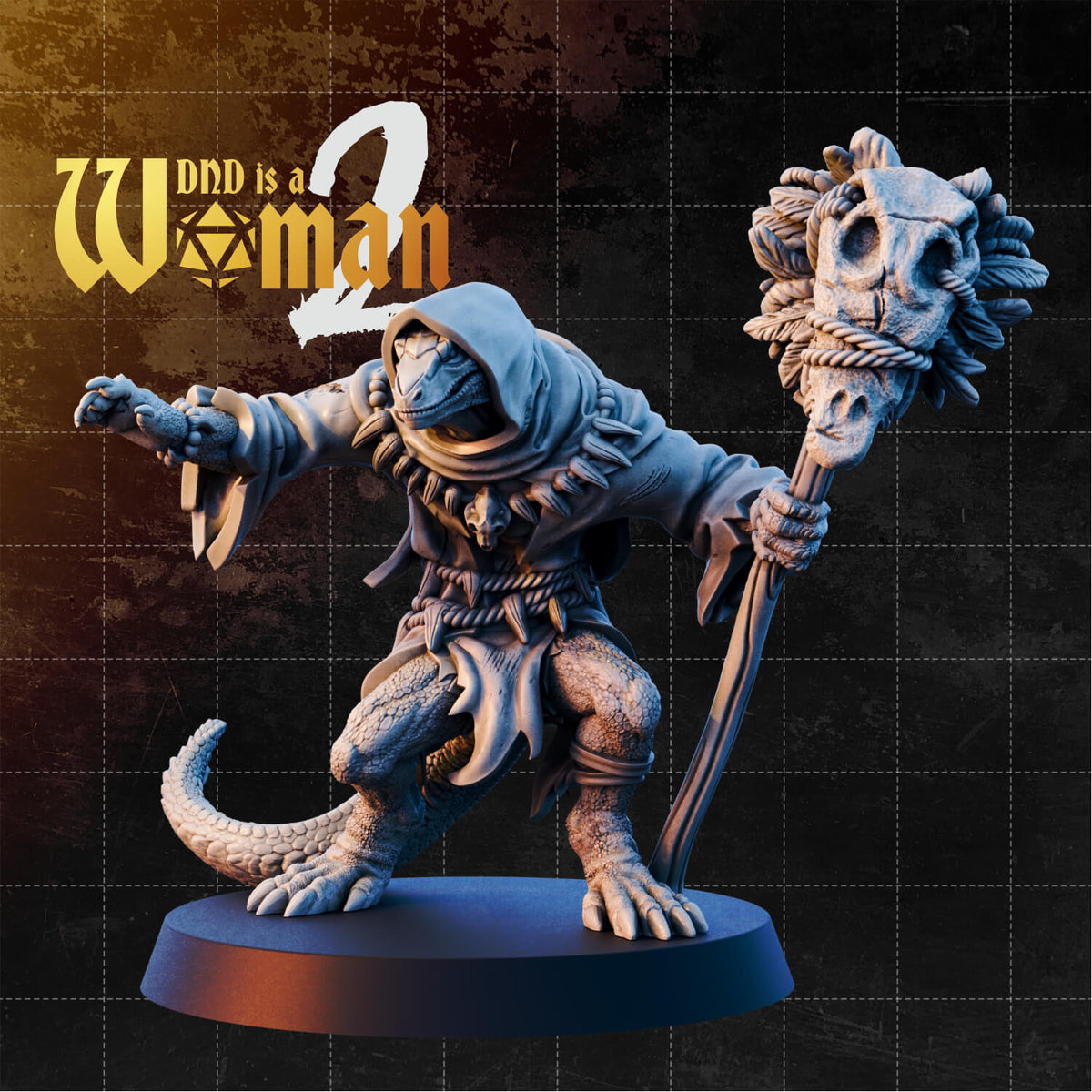 Hooded lizardfolk druid crouching, one clawed hand outstretched, holding a tall staff topped with a large skull wreathed in feathers and twine. Sculpt by DnD is a Woman.
