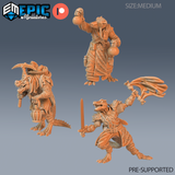 Lizardfolk barbarian miniature by Epic Miniatures, crouching low with a broad knotwork-etched axe thrust forward, wearing chainmail over scaled armour with a cloak draped behind.