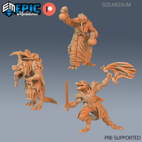 Lizardfolk barbarian miniature by Epic Miniatures, crouching low with a broad knotwork-etched axe thrust forward, wearing chainmail over scaled armour with a cloak draped behind.
