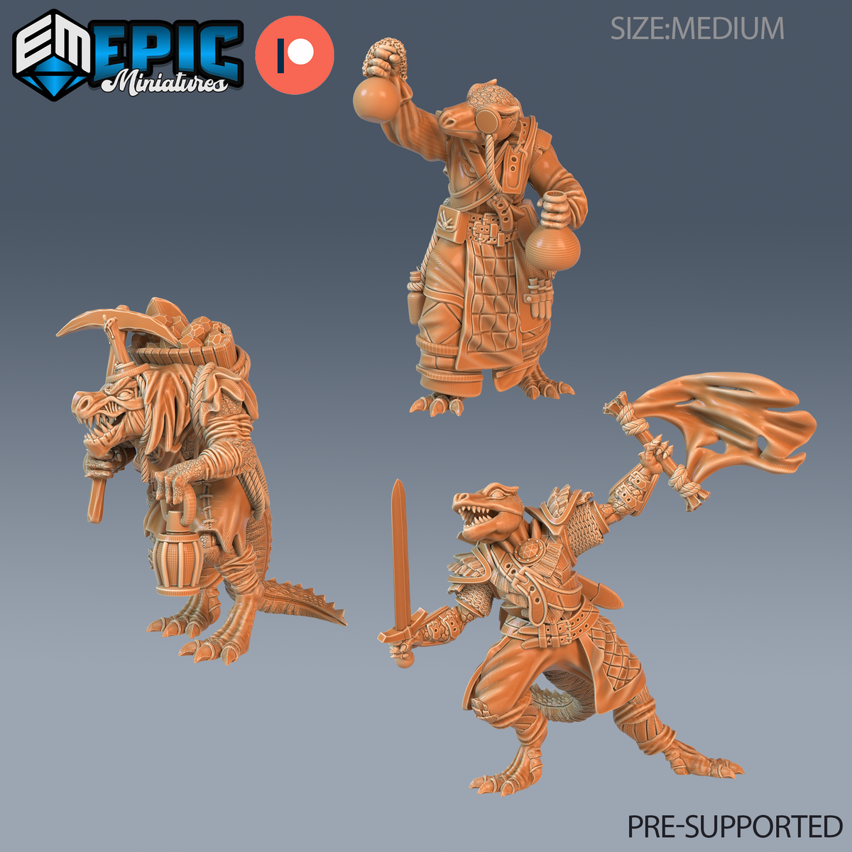 Lizardfolk barbarian miniature by Epic Miniatures, crouching low with a broad knotwork-etched axe thrust forward, wearing chainmail over scaled armour with a cloak draped behind.