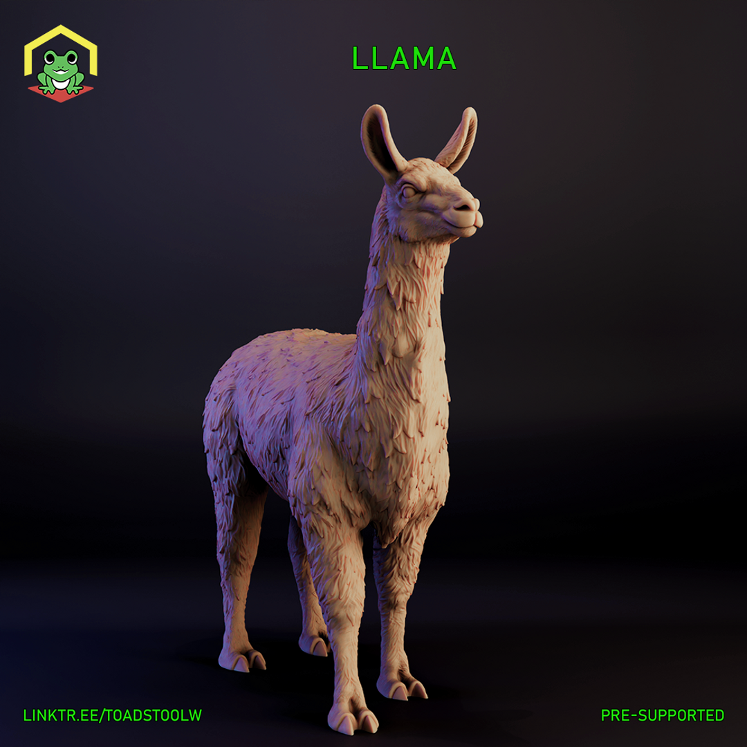 Digital render of an unpainted llama miniature by The Toadstool Weaver, shown in a three-quarter view with its neck raised and head turned slightly, featuring richly detailed tufted fleece texture across the body and a naturalistic standing pose on a plain base