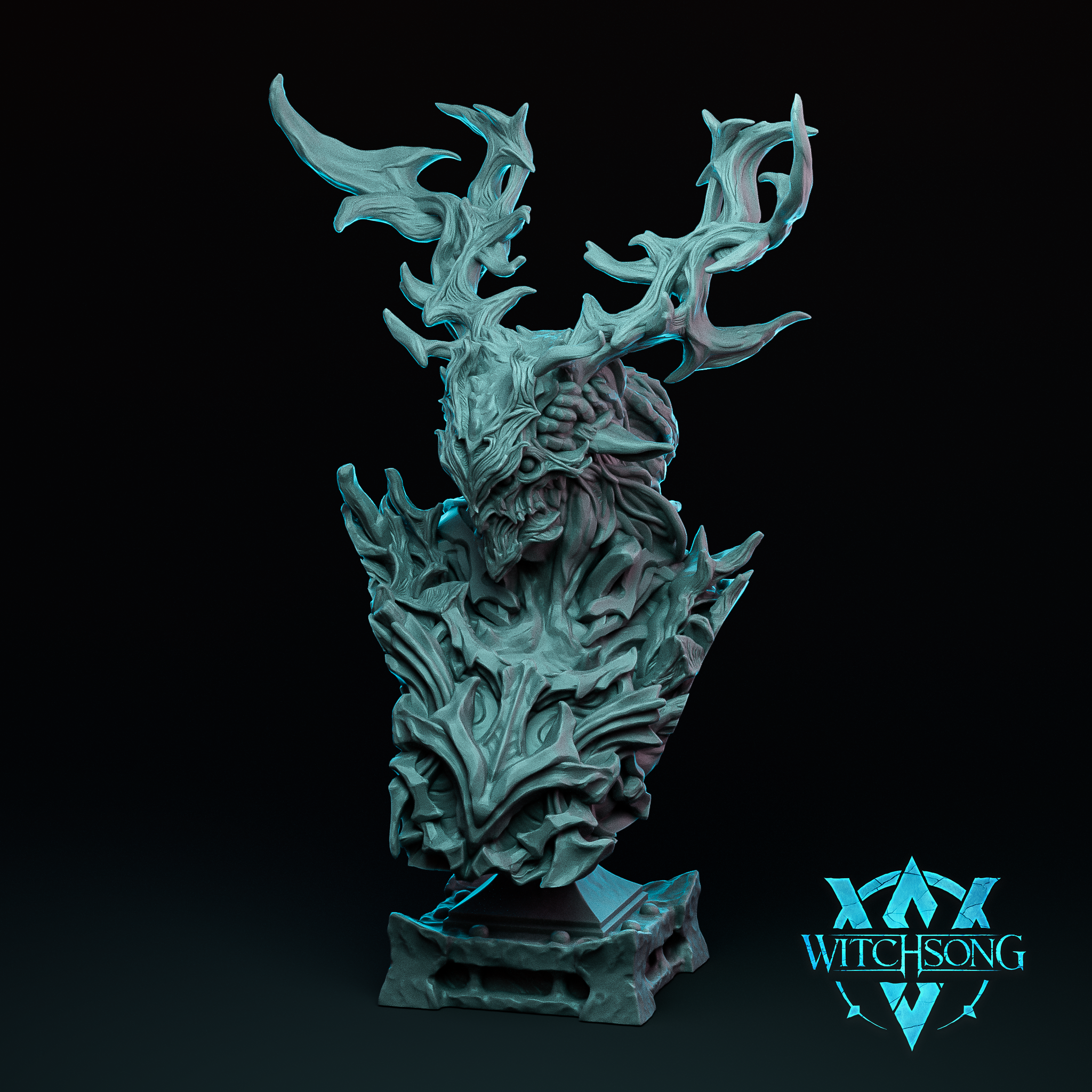Digital render of the Lord of the Grove display bust by Witchsong Miniatures — an unpainted teal-grey resin sculpt showing a corrupted forest lord with wide-open jaws, deeply textured bark-like skin, and sweeping branching antlers rising from a crown of gnarled wood, mounted on a rough stone base