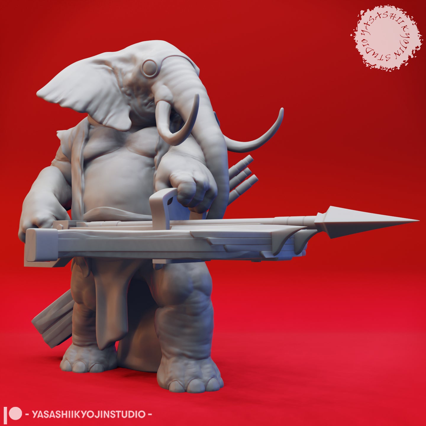 Front-facing digital render of an unpainted grey Loxodon miniature in 32mm scale, holding a heavy crossbow levelled forward with a bolt-tip visible, wearing an open robe with a bolt quiver on his back — sculpted by Yasashii Kyojin Studio