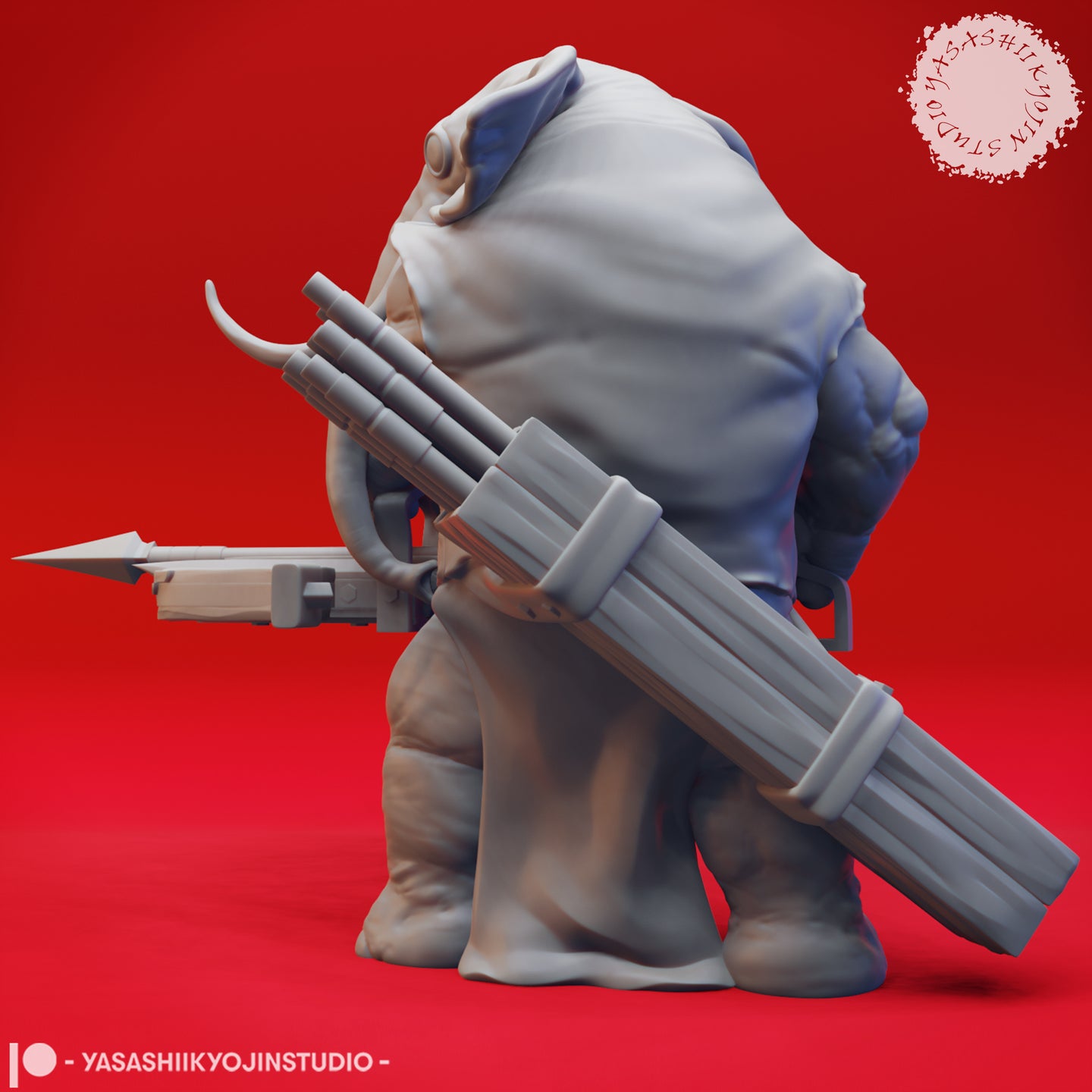 Rear view digital render of the unpainted grey Loxodon crossbow miniature showing the bolt quiver strapped across his back, the crossbow tip visible to the left side, and the broad bulk of his robed torso — sculpted by Yasashii Kyojin Studio