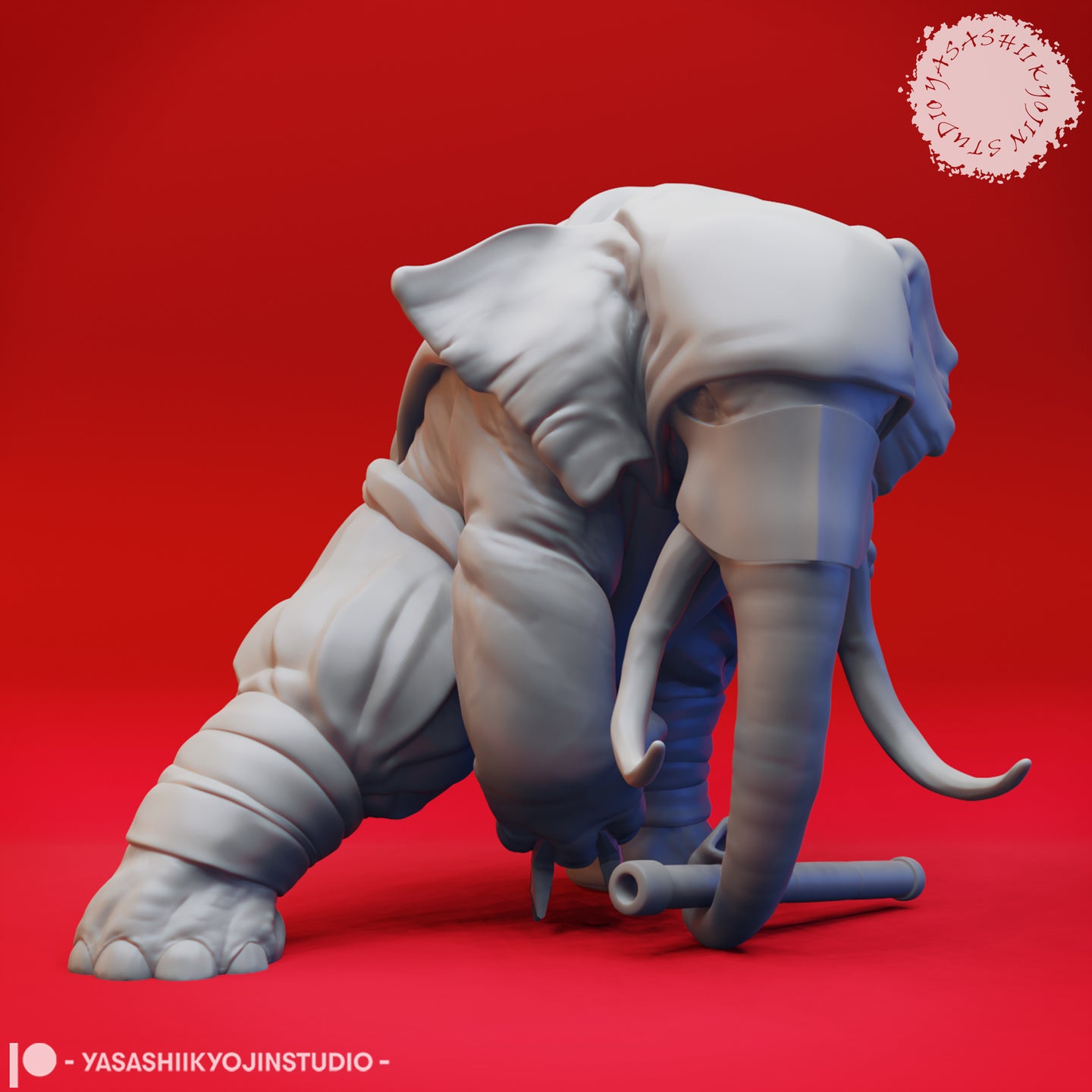 Digital render of an unpainted grey Loxodon miniature in a low crouching pose, one arm extended forward with a wrapping-bound forearm, nunchaku resting on the ground, viewed from the front-left at 32mm scale