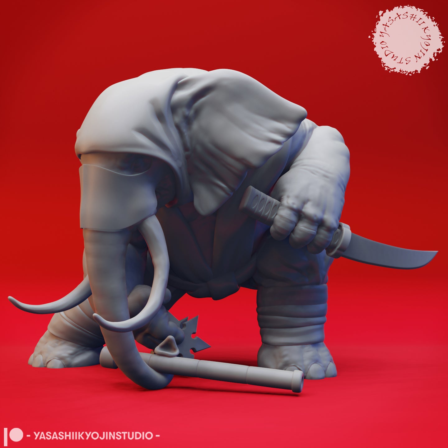 Digital render of an unpainted grey Loxodon ninja miniature crouched low and facing forward, gripping a curved blade in one hand with a shuriken and nunchaku on the ground before them, wearing a wrapped gi and hood