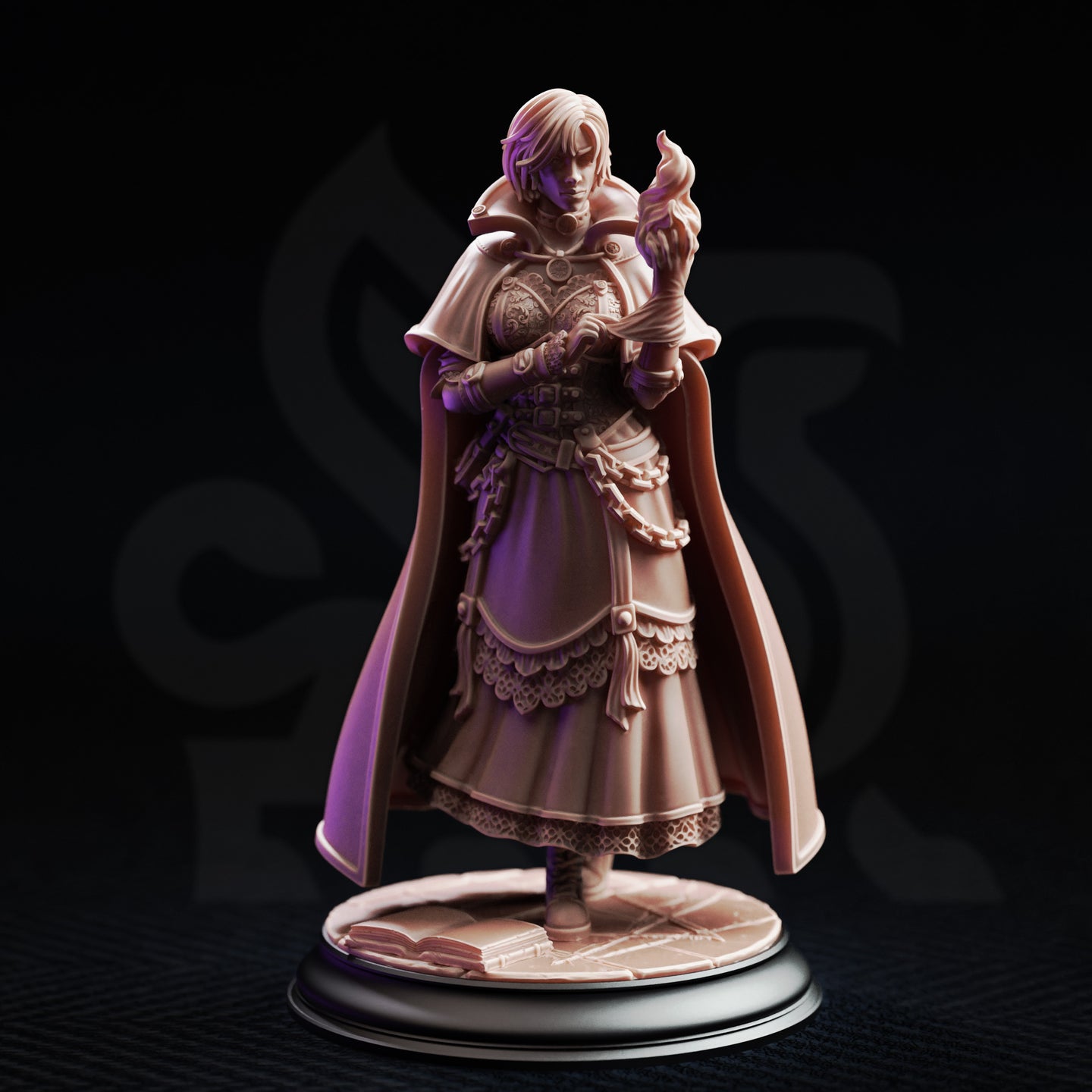 Lune de la Rue 32mm resin miniature by DM Stash — front three-quarter view of unpainted grey resin sculpt showing detailed lace hem, embossed bodice, wide capelet cloak, and arcane flame above the raised hand, mounted on an open-book flagstone base