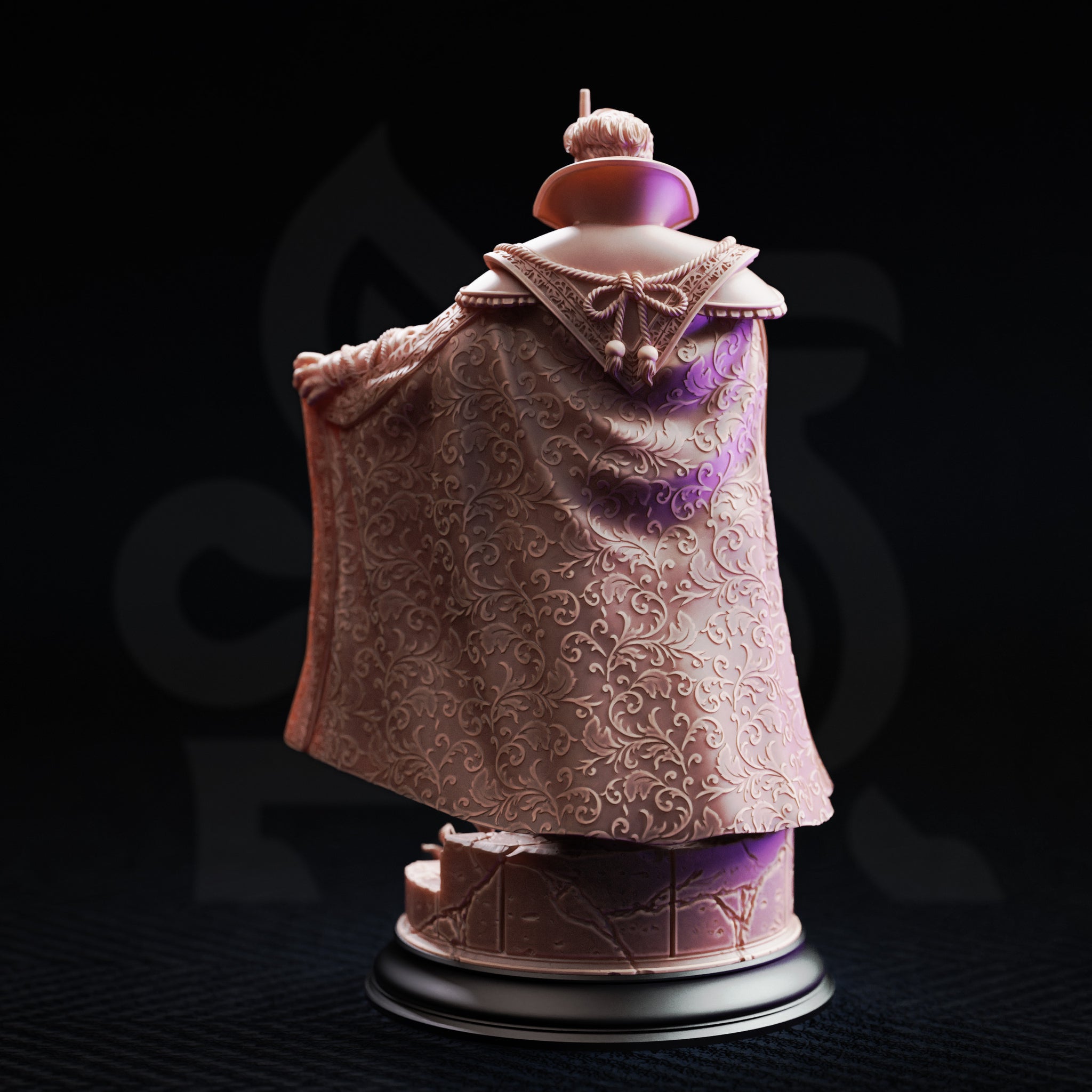Rear view of Luther Fleck miniature — unpainted resin showing the back of the academic cloak covered in densely scrolling floral filigree from shoulder to hem, with tassel collar ties and staff tip visible above
