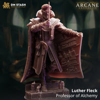 Digital render of Luther Fleck Professor of Alchemy miniature by DM Stash — unpainted resin, 32mm scale, showing a bearded human male in layered academic robes with ornate collar, gripping a tall staff, cloak swept wide to reveal sculpted bookshelves and alchemical bottles on the inner lining
