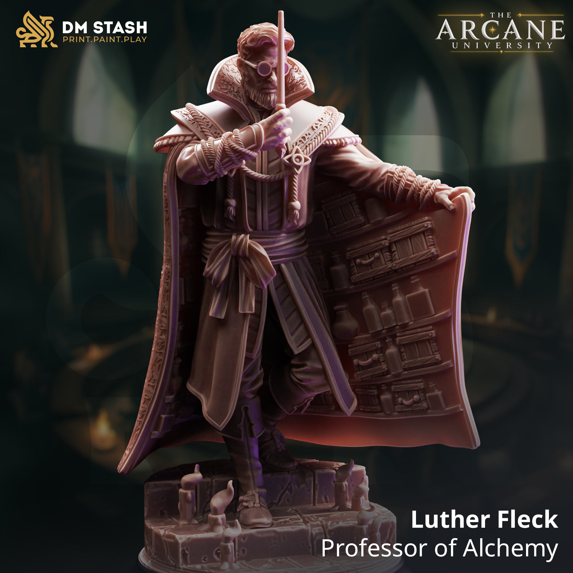 Digital render of Luther Fleck Professor of Alchemy miniature by DM Stash — unpainted resin, 32mm scale, showing a bearded human male in layered academic robes with ornate collar, gripping a tall staff, cloak swept wide to reveal sculpted bookshelves and alchemical bottles on the inner lining