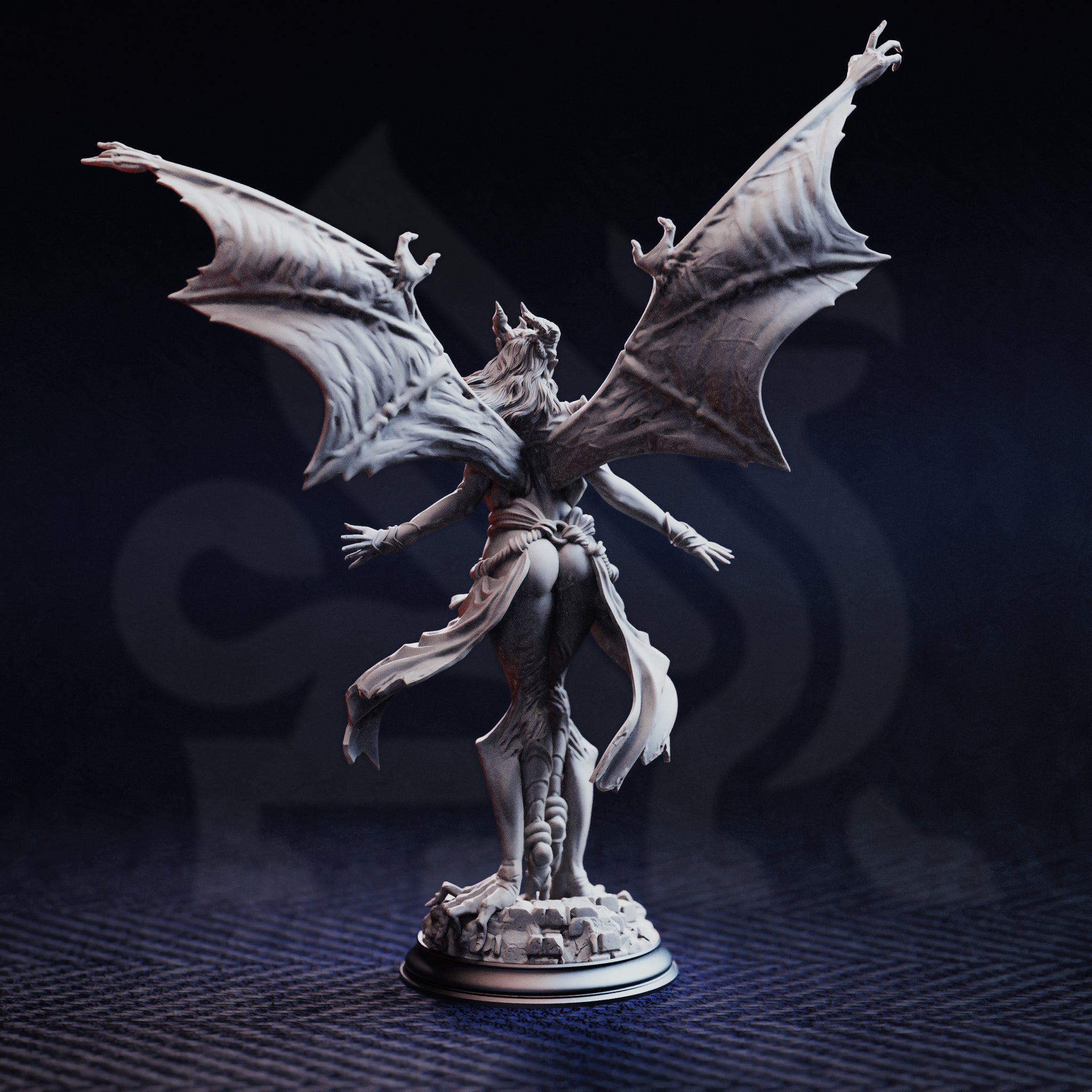 Unpainted grey resin miniature of Luxuria of the Second photographed from the rear, showing the full spread of her veined bat wings, flowing cloth garments, and detailed textured base — highlights the quality of the back-of-sculpt detail