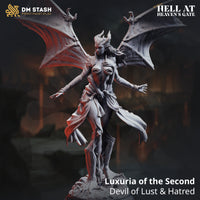 Unpainted grey resin miniature of Luxuria of the Second, a winged female devil with large bat-like wings, curved horns, and monstrous mouths across her torso — front-facing render showing the full sculpt against a dark atmospheric background with the DM Stash and Hell at Heaven's Gate logos visible