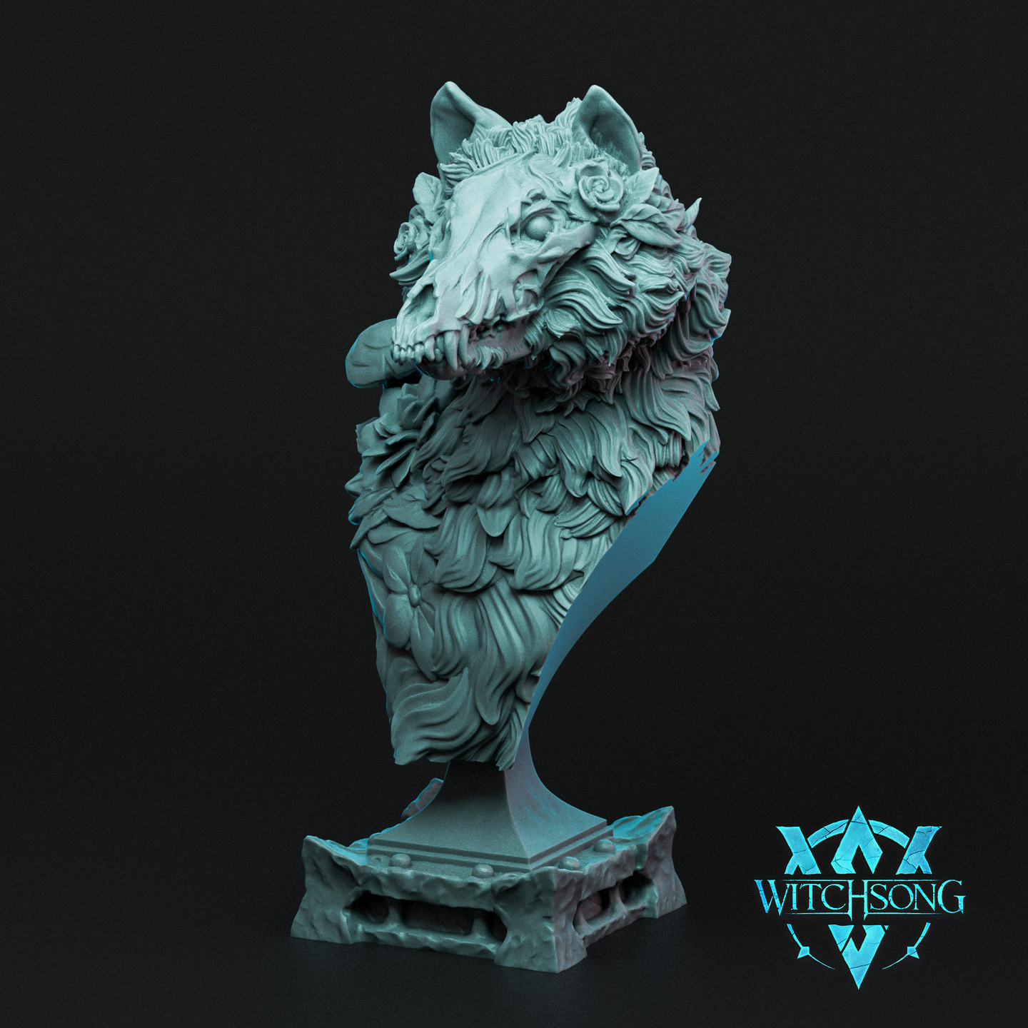 Digital render of the Lyks Hades Howl bust by Witchsong Miniatures — an unpainted teal resin wolf skull bust wreathed in sculpted roses and wildflowers, with cascading floral and feather-like textures down the chest, mounted on an ornate stone plinth base