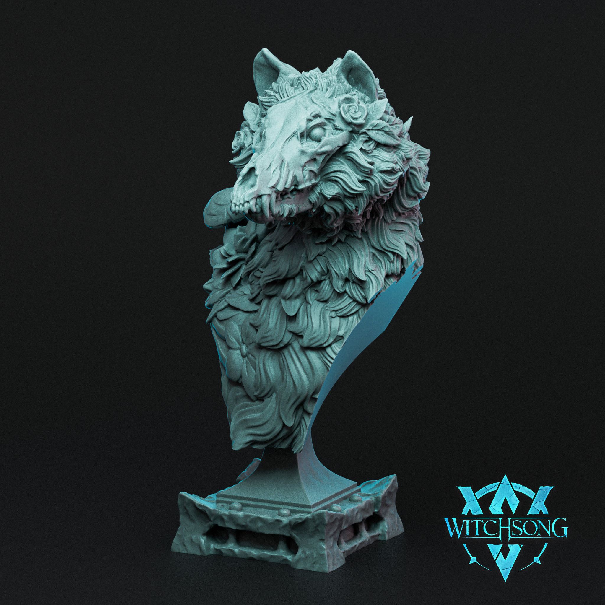Digital render of the Lyks Hades Howl bust by Witchsong Miniatures — an unpainted teal resin wolf skull bust wreathed in sculpted roses and wildflowers, with cascading floral and feather-like textures down the chest, mounted on an ornate stone plinth base