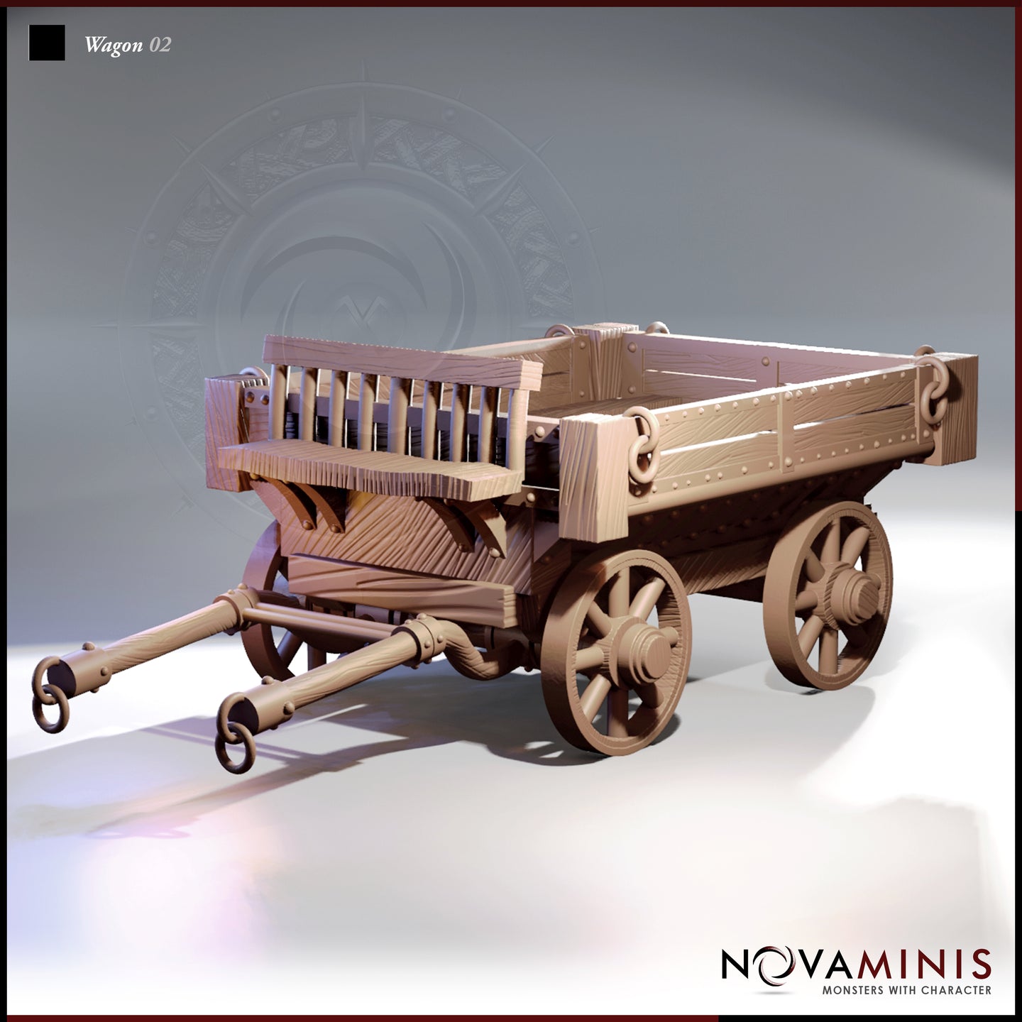 Digital render of Wagon 02 by Novaminis — a detailed medieval cargo wagon with an open riveted flatbed, raised slatted driver's bench, four spoked wheels, and a double draw-pole with iron ring mounts, shown in unpainted resin tone from a front three-quarter angle