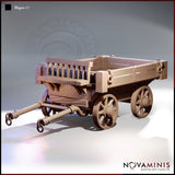 Digital render of Wagon 02 by Novaminis — a detailed medieval cargo wagon with an open riveted flatbed, raised slatted driver's bench, four spoked wheels, and a double draw-pole with iron ring mounts, shown in unpainted resin tone from a front three-quarter angle