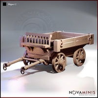 Digital render of Wagon 02 by Novaminis — a detailed medieval cargo wagon with an open riveted flatbed, raised slatted driver's bench, four spoked wheels, and a double draw-pole with iron ring mounts, shown in unpainted resin tone from a front three-quarter angle