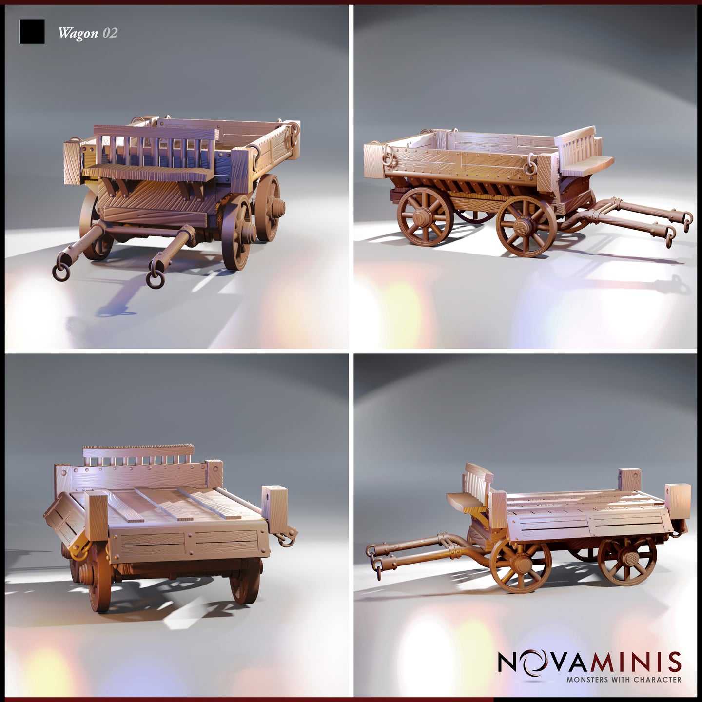 Four-angle digital render sheet of Wagon 02 by Novaminis showing front three-quarter, rear three-quarter, rear straight-on, and side profile views of the detailed medieval cargo wagon, highlighting the woodgrain plank texturing, corner post ring mounts, spoked wheels, and driver's bench from all sides
