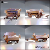 Four-angle digital render sheet of Wagon 02 by Novaminis showing front three-quarter, rear three-quarter, rear straight-on, and side profile views of the detailed medieval cargo wagon, highlighting the woodgrain plank texturing, corner post ring mounts, spoked wheels, and driver's bench from all sides