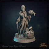 Reptilian noblewoman miniature standing with a walking cane, raising a platter of coiled snakes. Long split-tail coat, elaborate upswept hair. Serpent-filled barrel beside her. Sculpt by Great Grimoire.