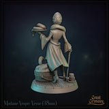 Exploded view of reptilian noblewoman miniature showing three separate components: the figure with cane and snake platter, a barrel of coiled serpents, and a decorative planked wooden base with rope. Sculpt by Great Grimoire.