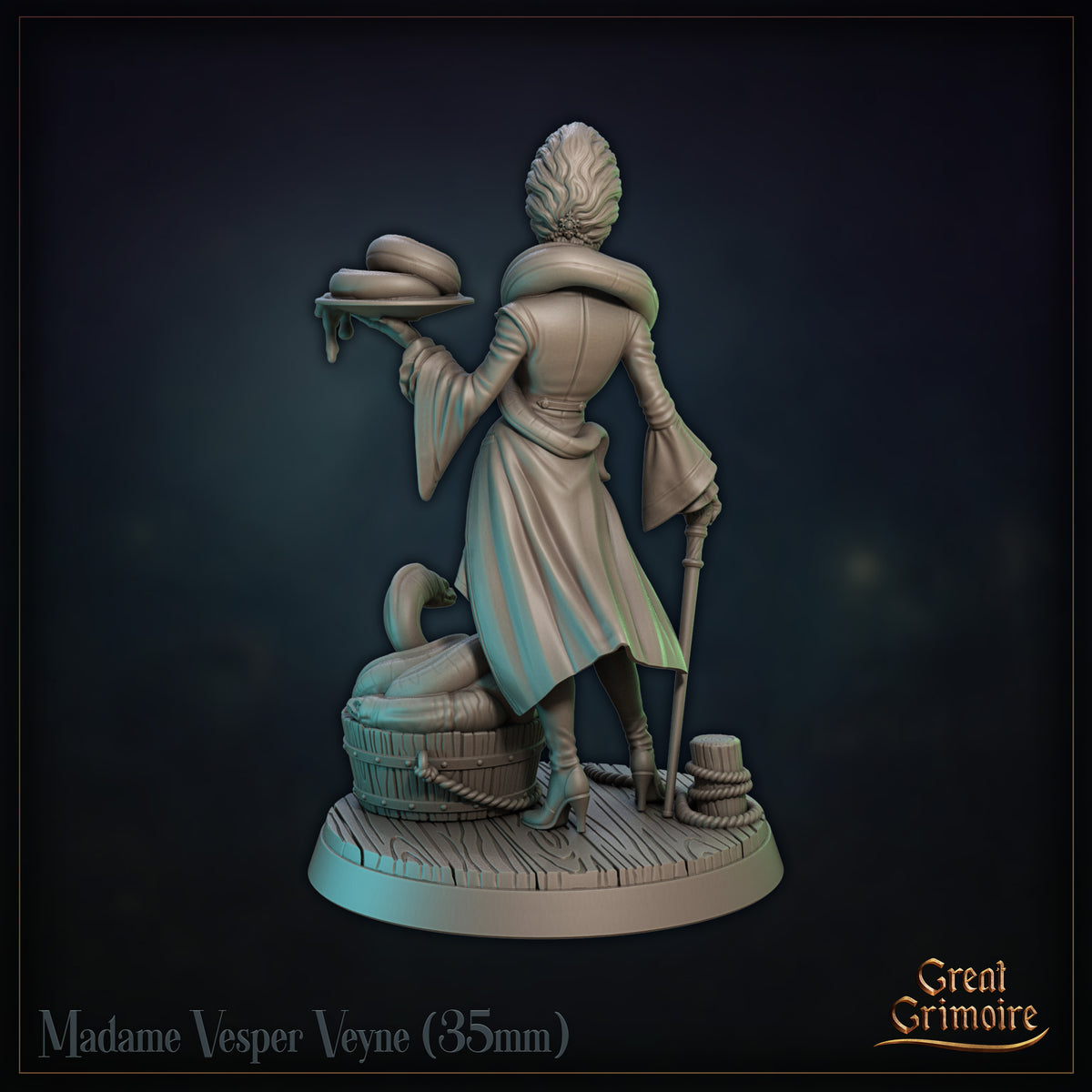 Exploded view of reptilian noblewoman miniature showing three separate components: the figure with cane and snake platter, a barrel of coiled serpents, and a decorative planked wooden base with rope. Sculpt by Great Grimoire.