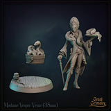 Exploded view of reptilian noblewoman miniature showing three separate components: the figure with cane and snake platter, a barrel of coiled serpents, and a decorative planked wooden base with rope. Sculpt by Great Grimoire.
