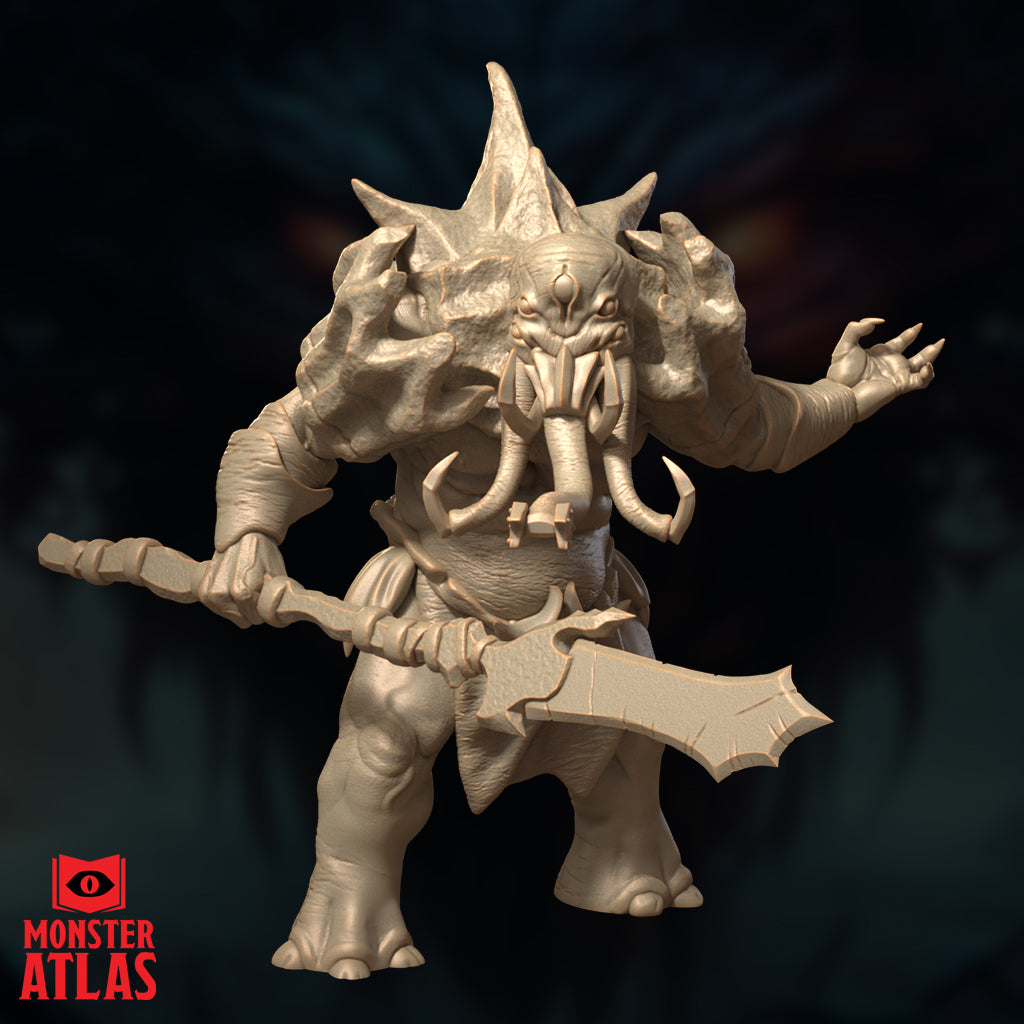 Front-facing digital render of an unpainted Maelephant miniature from Monster Atlas, showing the creature gripping a finned polearm in its lower hands while raising one clawed hand outward. The sculpt features a spiked crown of bone-like protrusions, a tusk-cluster maw with tendrils, thick leathery hide, and a wide, heavy stance. 32mm scale tabletop miniature.