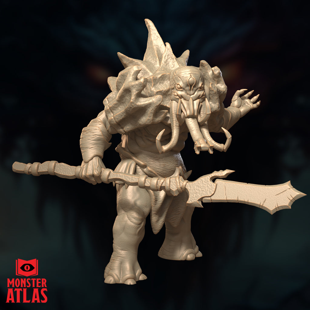 Slightly elevated front-angle digital render of the same unpainted Maelephant miniature, showing greater detail of the tusked face, spiked skull crown, reaching claw, and the finned polearm held horizontally. The textured hide and heavy limbs are clearly visible. Monster Atlas sculpt, 32mm scale.