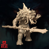 Slightly elevated front-angle digital render of the same unpainted Maelephant miniature, showing greater detail of the tusked face, spiked skull crown, reaching claw, and the finned polearm held horizontally. The textured hide and heavy limbs are clearly visible. Monster Atlas sculpt, 32mm scale.