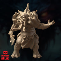Three-quarter front render of the Maelephant miniature without its polearm, showing the full torso detail including layered bony chest plates, multiple appendages framing the head, the elephantine tusk maw, and one splayed clawed hand raised outward. The spiked crown and overall bulk of the creature are prominently displayed. Monster Atlas, 32mm scale.