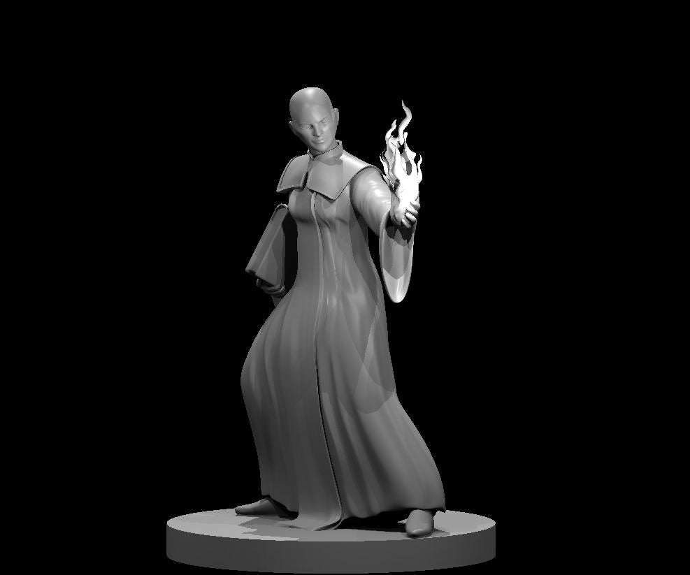 Grey resin digital render of a female elven mage apprentice miniature at 32mm scale — bald head, long flowing robes, a ball of flame conjured in her raised right hand, mid-stride pose on a round integrated base