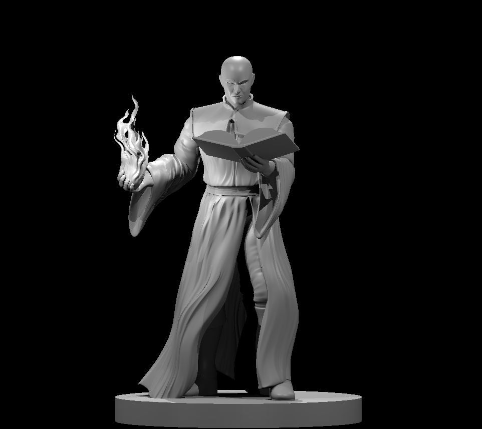Grey resin digital render of a bald male mage apprentice miniature, standing mid-cast with an open spellbook in his left hand and conjured flames rising from his right palm, wearing long flowing robes with a high collar, on a plain round base — 32mm scale D&D miniature by MZ4250