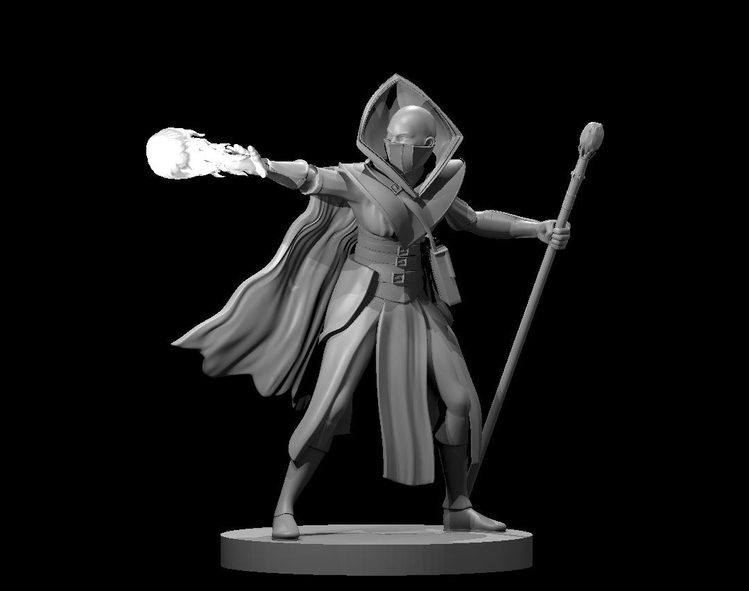 Grey resin digital render of a female masked mage miniature at 32mm scale, mid-cast with a spectral fireball in her outstretched right hand and a staff in her left, wearing a billowing cloak, segmented wrist armour, and a structured hood with face mask