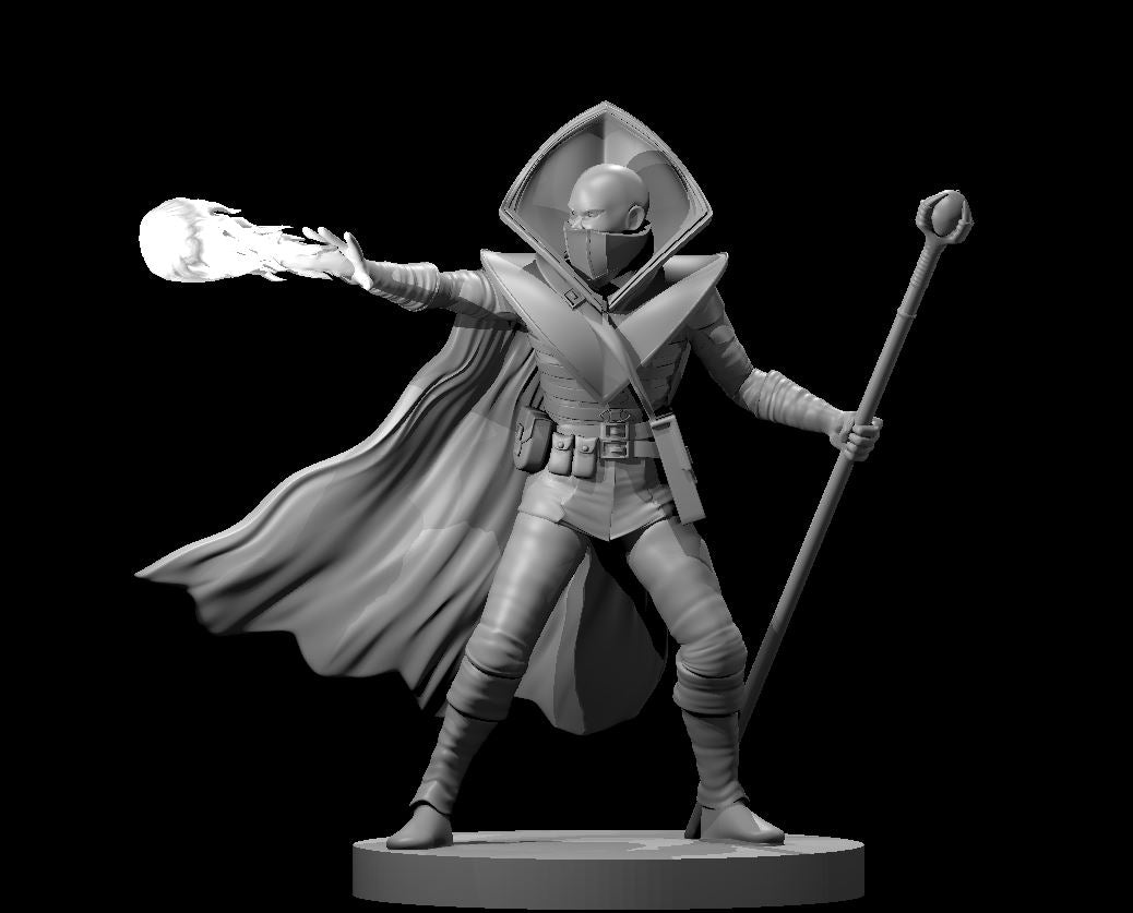 Unpainted grey resin miniature of a masked male mage at 32mm scale, posed wide-stance with a conjured fireball in his outstretched right hand and an arcane staff in his left, wearing a wide geometric hood, face mask, layered armour, and a billowing cloak — digital render on black background
