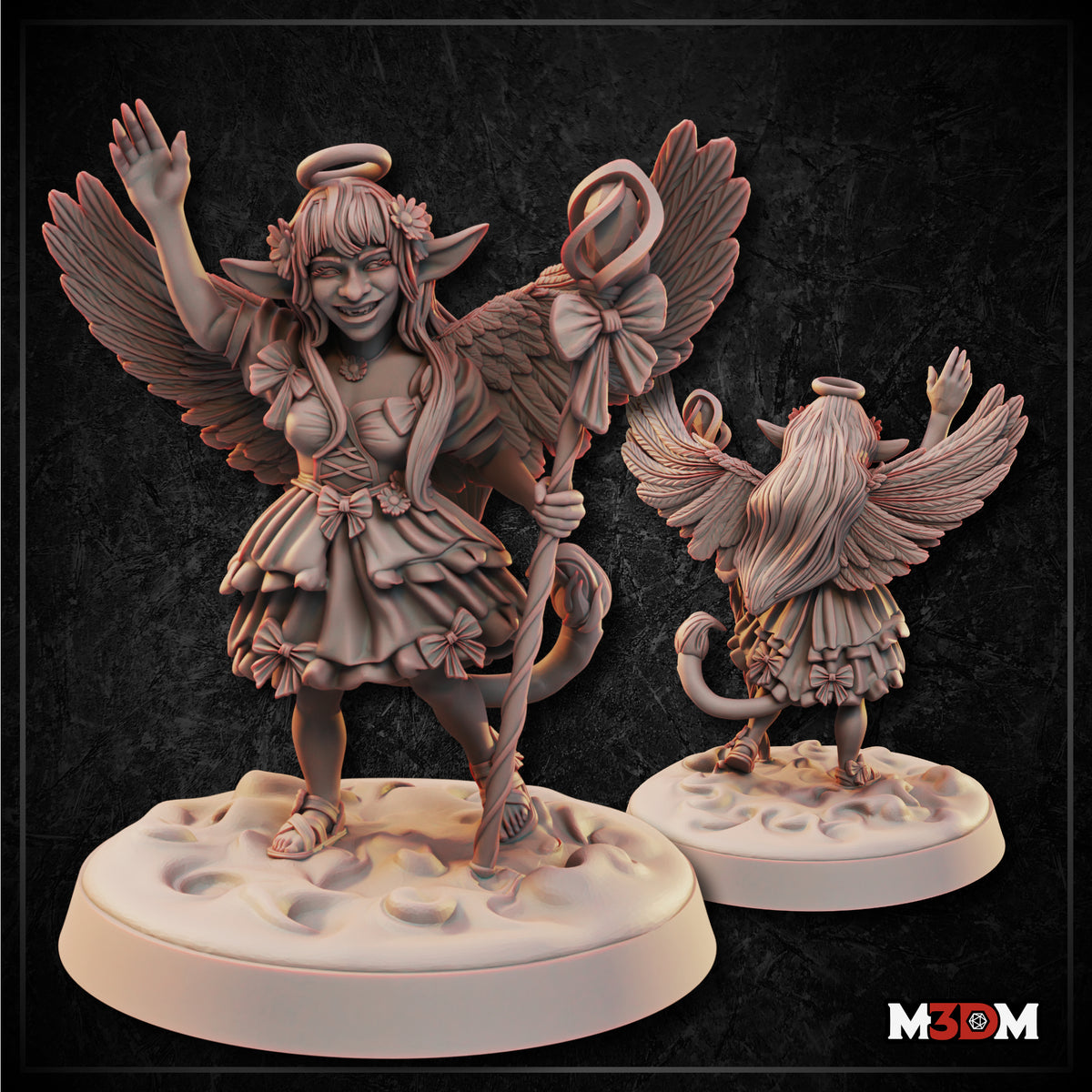Goblin cleric with feathered angel wings and halo, grinning wide, one arm raised, holding a ribbon-wrapped staff, wearing a layered bow-trimmed skirt, tail curling behind. Sculpt by Mia Kay M3DM.