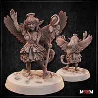 Goblin cleric with feathered angel wings and halo, grinning wide, one arm raised, holding a ribbon-wrapped staff, wearing a layered bow-trimmed skirt, tail curling behind. Sculpt by Mia Kay M3DM.