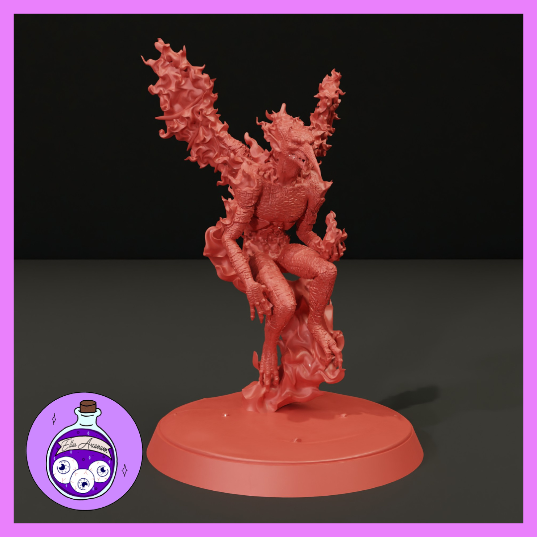 Magma Mephit sculpt rising on a column of flame, arms outstretched, jagged fire-edged wings spread wide, reptilian scaled body, sculpted lava base. By Ella's Arcanum Minis.