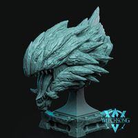 Magma Tyrant display bust by Witchsong Miniatures — unpainted teal resin digital render showing a large ferocious dragon-like creature head with wide open jaws, rows of sharp teeth, a textured tongue, and a dramatic crown of blade-like rocky spines, mounted on a chunky riveted plinth base with sculpted stone edging, set against a black background