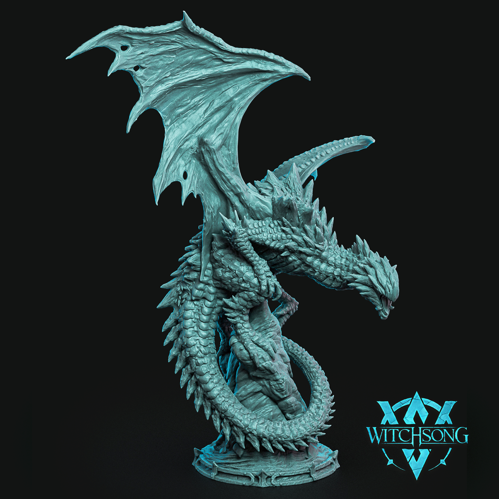 Digital render of the Magma Tyrant dragon miniature by Witchsong Miniatures — a large coiled dragon in teal resin, rearing upright with one wing fully spread, dorsal spines running along a heavily scaled back, clawed feet gripping a sculpted round base, head lowered and jaws parted in a threatening pose
