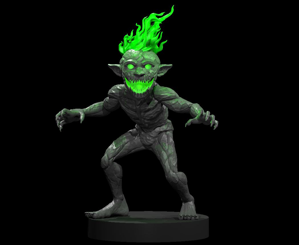 Digital render of the Magmin 1 MM2025 miniature by MZ4250 — a crouching goblinoid elemental creature with a wide jagged grin, hollow glowing green eyes, long clawed hands spread wide, and a dramatic crown of green flame erupting from its skull. Rocky, creviced skin texture throughout. Shown on a round black base against a black background.