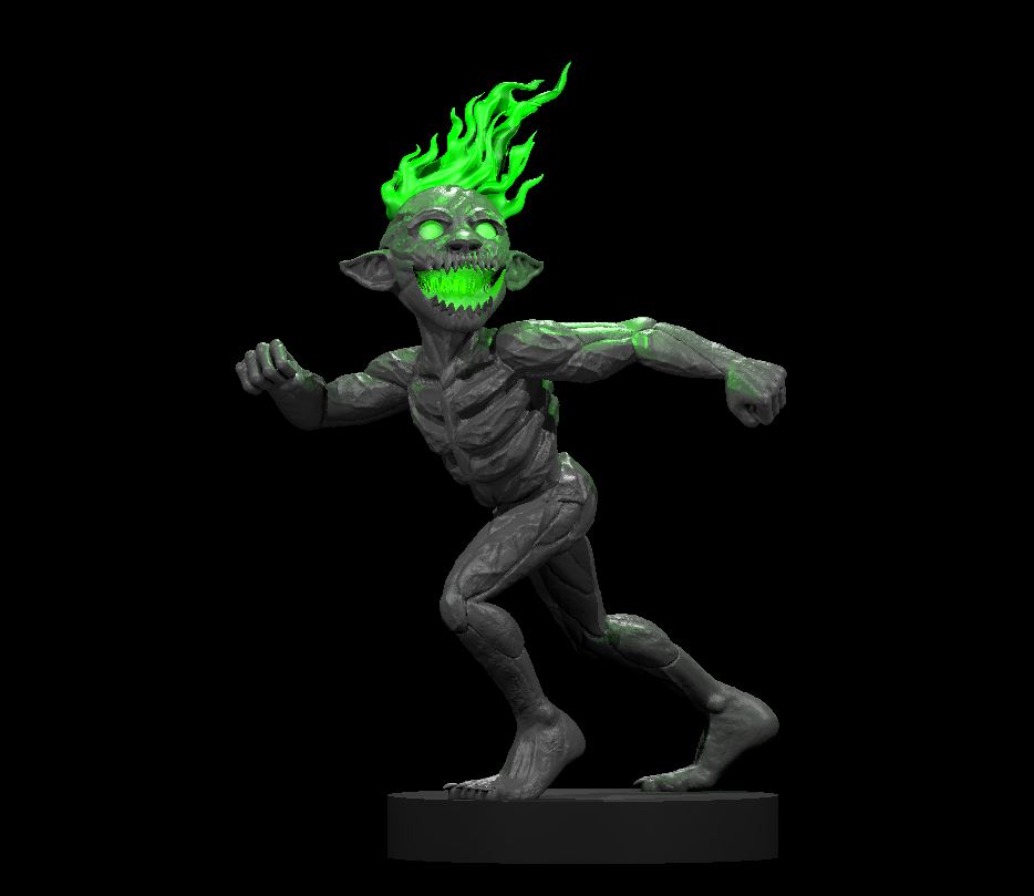 Digital render of the Magmin 2 miniature by MZ4250 — a lean, wild-eyed fire creature in an aggressive bounding pose with arms spread wide, mouth open in a jagged grin, green flame erupting from its skull, and crackling green energy veins across its dark craggy body, on a plain round black base