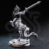 Magnus the Hateful centaur warboss 32mm miniature — rear three-quarter view of unpainted grey resin print, showing flowing tail, spiked flank barding with runic detailing, and full sweep of raised greatsword from behind