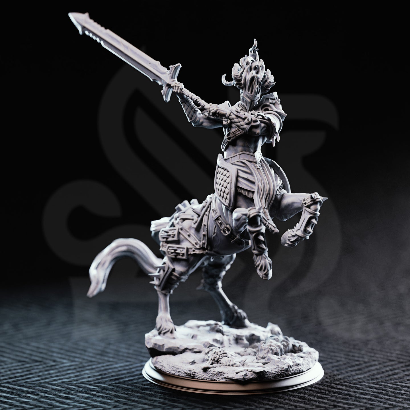Magnus the Hateful centaur warboss 32mm resin miniature — front view of unpainted grey resin print, centaur rearing with greatsword thrust skyward, detailed scale armour and ghostly mane visible, on shattered stone base