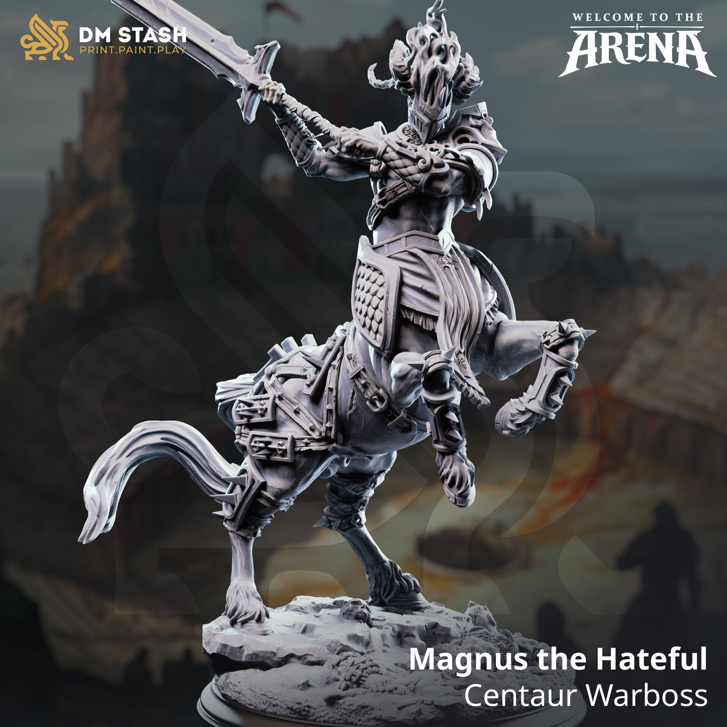 Magnus the Hateful centaur warboss D&D miniature — digital render showing armoured centaur rearing on hind legs, greatsword raised aloft, wearing horned skull helmet and layered scale armour with runic barding, on a rocky arena base