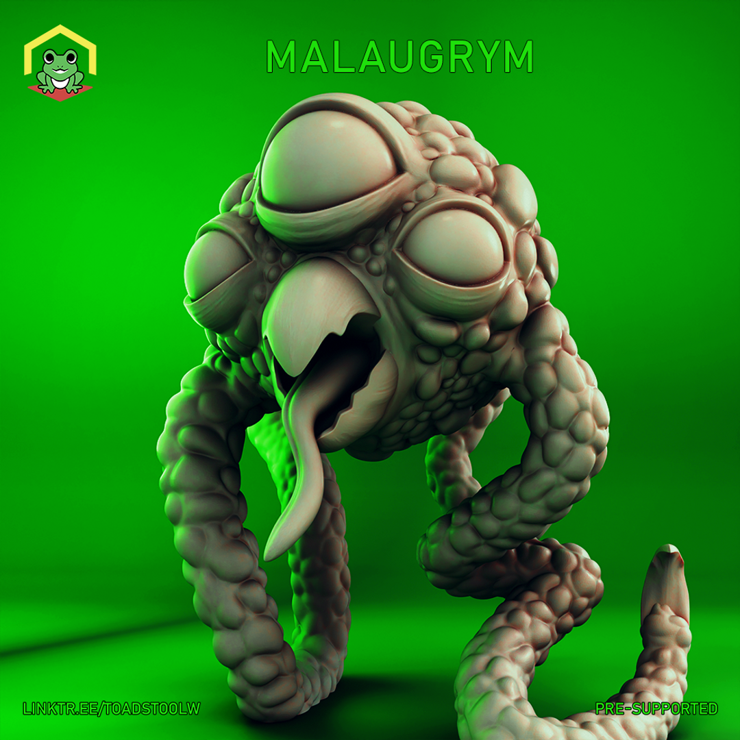Digital render of a Malaugrym miniature by The Toadstool Weaver — an unpainted grey resin 32mm scale aberration with a bulbous, heavily textured body covered in bumpy organic protrusions, four large lidded eyes, a gaping fanged maw, and four thick tentacle limbs in a low stalking pose, with a fifth trailing tentacle extending behind it