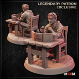 Digital render showing two angles of the Male Dungeon Master miniature — a seated male figure at a wooden tavern table, holding a d20, with an open tome and tankard on the table and a bag at his feet